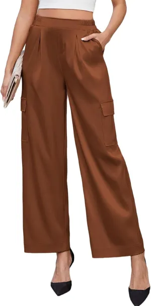 ZAFUL Womens Satin Pants Wide Leg High Waisted Cargo Pants Silky Dressy Casual Slack Trousers