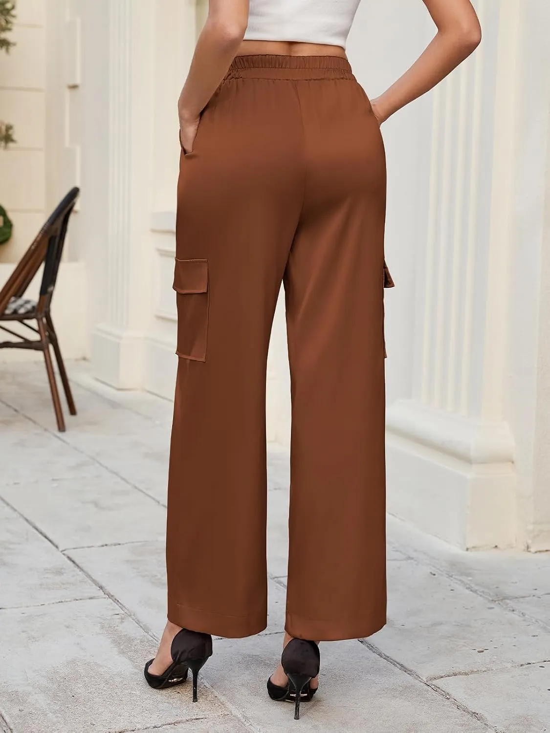 ZAFUL Womens Satin Pants Wide Leg High Waisted Cargo Pants Silky Dressy Casual Slack Trousers