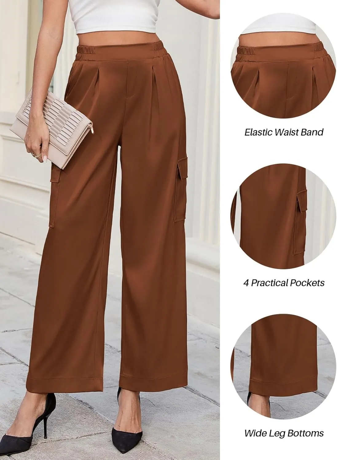 ZAFUL Womens Satin Pants Wide Leg High Waisted Cargo Pants Silky Dressy Casual Slack Trousers