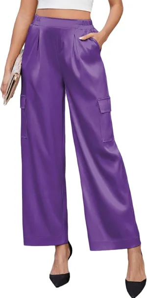 ZAFUL Womens Satin Pants Wide Leg High Waisted Cargo Pants Silky Dressy Casual Slack Trousers