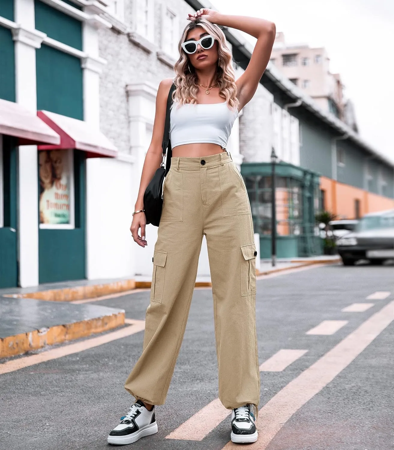 ZMPSIISA Women High Waisted Cargo Pants Wide Leg Casual Pants 6 Pockets Combat Military Trousers