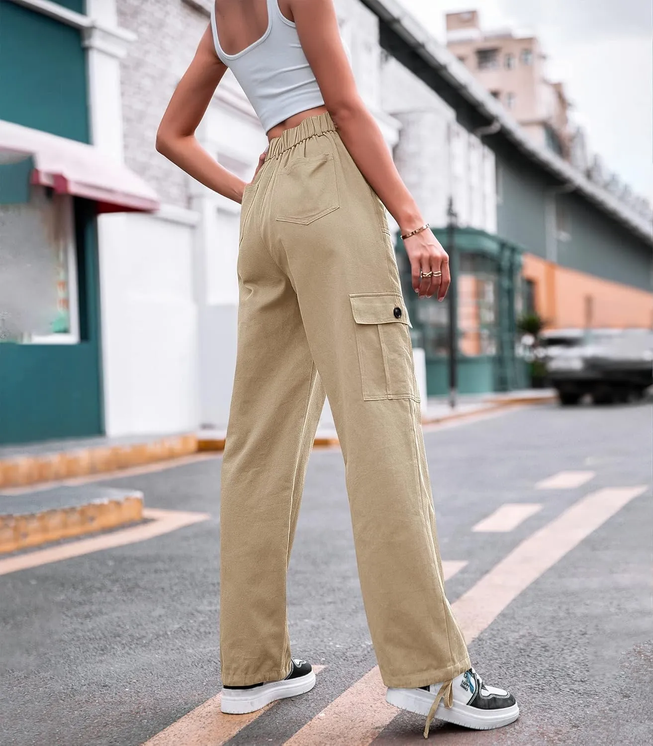 ZMPSIISA Women High Waisted Cargo Pants Wide Leg Casual Pants 6 Pockets Combat Military Trousers