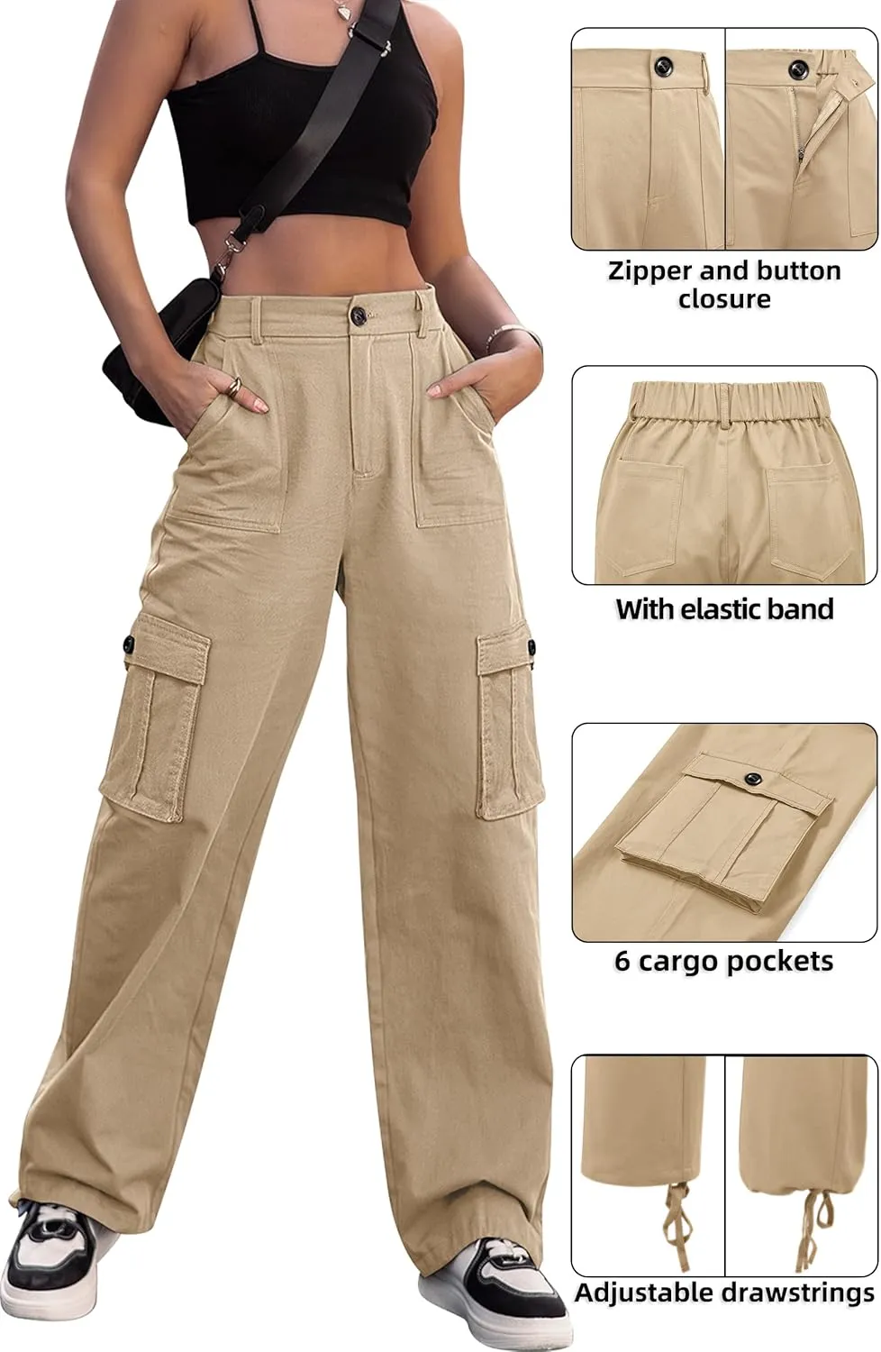 ZMPSIISA Women High Waisted Cargo Pants Wide Leg Casual Pants 6 Pockets Combat Military Trousers