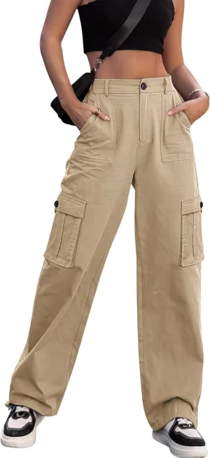 ZMPSIISA Women High Waisted Cargo Pants Wide Leg Casual Pants 6 Pockets Combat Military Trousers