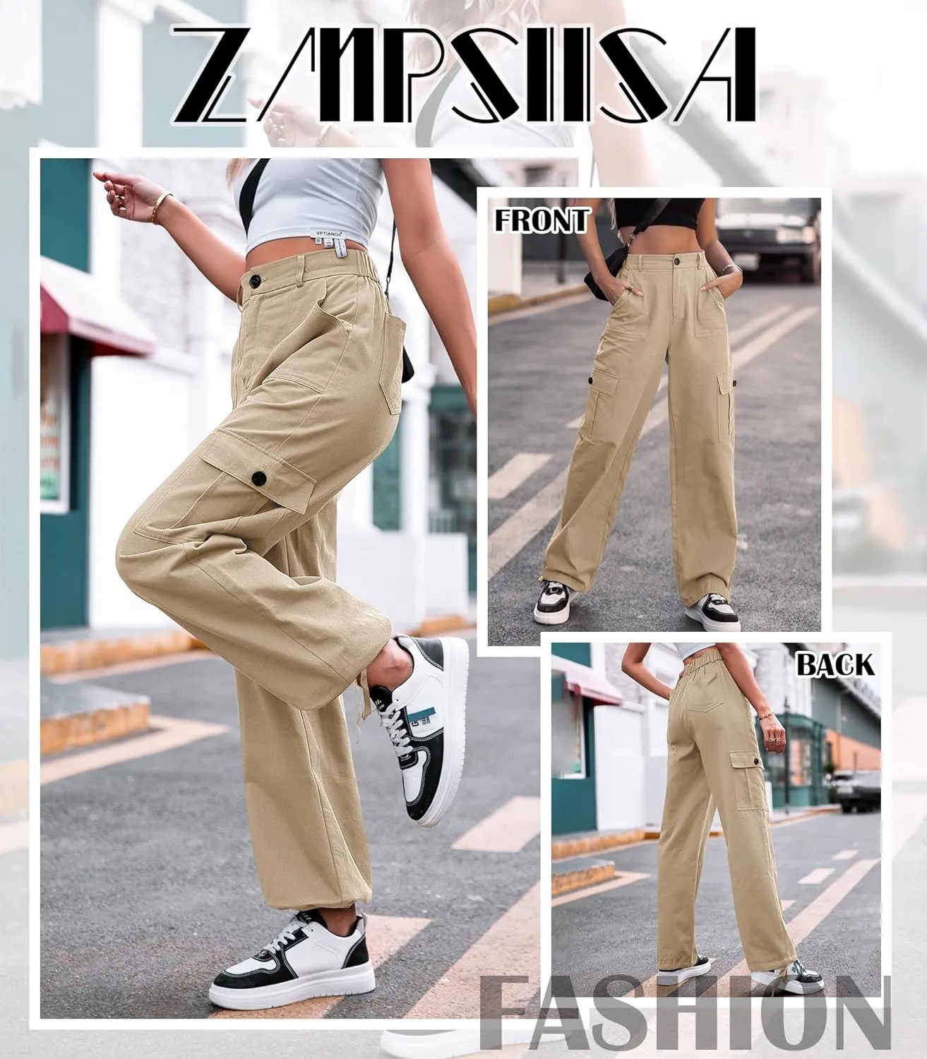 ZMPSIISA Women High Waisted Cargo Pants Wide Leg Casual Pants 6 Pockets Combat Military Trousers